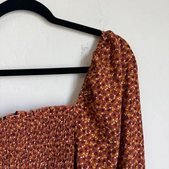 Moody Fall Sz Med Boho Floral Smocked Peasant Balloon Sleeve Crop Top Festival - Picture 11 of 15